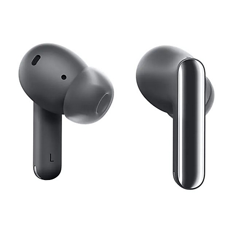 Zwei graue kabellose Ohrhörer mit langen Stielen auf weißem Hintergrund. Einer hat ein 'L'.