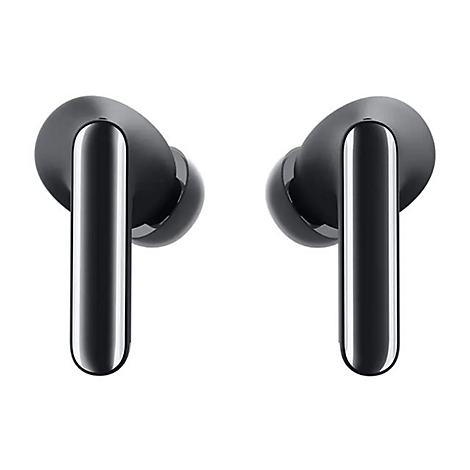 Zwei schwarze In-Ear-Kopfhörer mit glänzendem Design vor weißem Hintergrund.