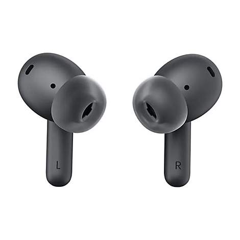 Zwei schwarze In-Ear-Kopfhörer mit Silikonaufsätzen vor weißem Hintergrund. Die Stäbchen sind mit L und R markiert.
