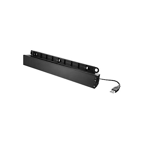 Schwarzes Soundbar mit USB-Kabel, Detailaufnahme.