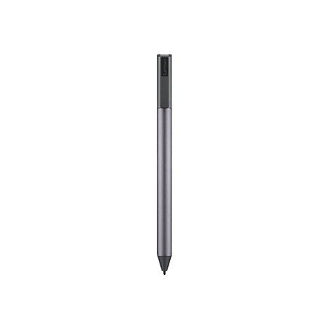 Grauer Lenovo Digitalstift vor weißem Hintergrund mit Firmenlogo auf dem oberen Ende.