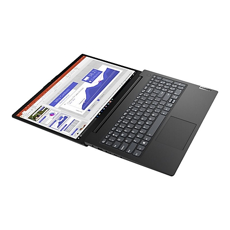 Ein schwarzer Laptop ist geöffnet, der Bildschirm zeigt ein Diagramm. Auf der Tastatur liegt das Logo von Lenovo.