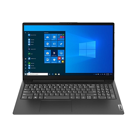Ein Laptop der Marke Lenovo, auf dem der Windows-Startbildschirm zu sehen ist. Auf dem Bildschirm werden verschiedene Apps angezeigt. Die Tastatur ist im Vordergrund.