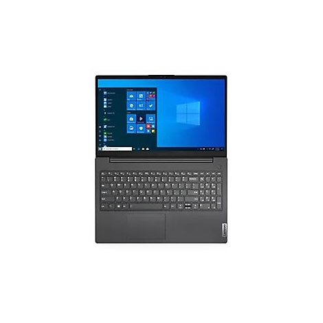 Draufsicht auf einen grauen Laptop, der geöffnet ist. Das Display zeigt das Windows-Startmenü. Die Tastatur liegt flach.