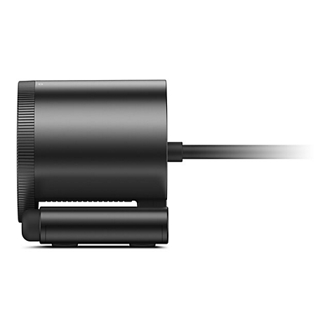 Schwarze Kamera, Detailansicht, mit Kabel nach rechts. Zylindrisches Gehäuse, geriffelte Vorderseite, rechteckiger Fuß.