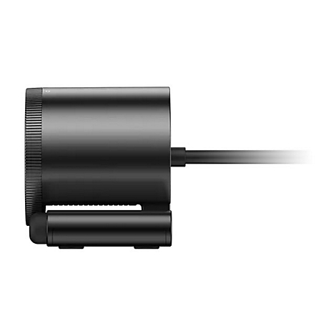 Schwarze Kamera mit geriffelter Linse und langem Kabel, das in den Hintergrund führt.