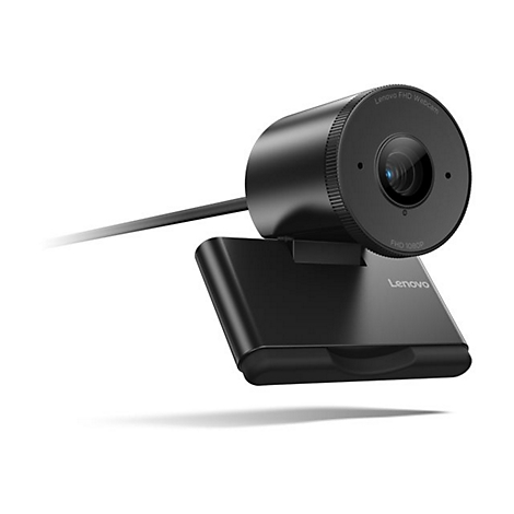 Schwarze Lenovo Webcam, Nahaufnahme, vorne. Oberhalb des Objektivs ist "Lenovo FHD Webcam" zu lesen, darunter "FHD 1080P".