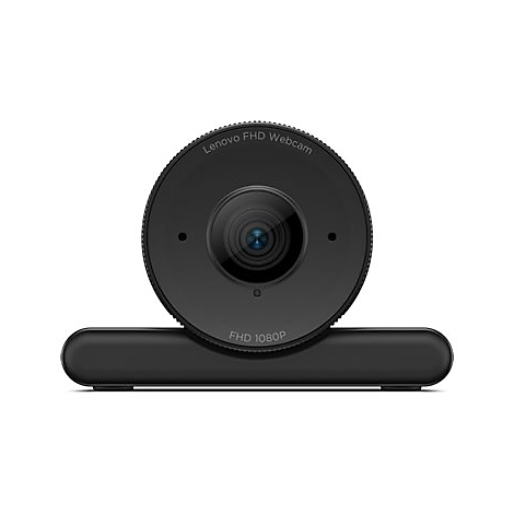 Schwarze Lenovo FHD Webcam. Runde Form mit Objektiv, Mikrofonlöchern und 'Lenovo FHD Webcam'-Schriftzug.