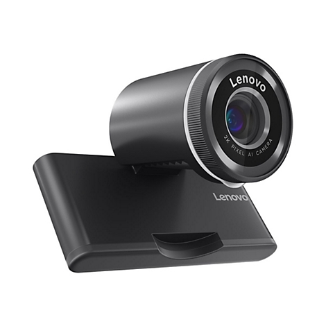 Schwarze Lenovo Webcam, Nahaufnahme. Objektiv mit Logo und 2K Pixel AI Camera Schriftzug.