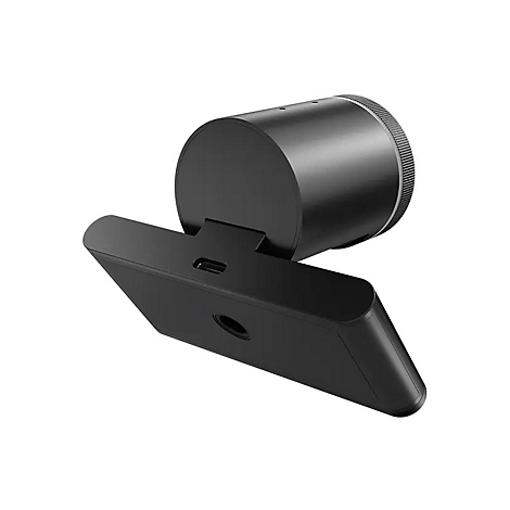 Schwarze Webkamera, geneigt vor weißem Hintergrund. Zylindrischer Korpus mit geriffeltem Ring, rechteckiger Fuß mit USB-C.