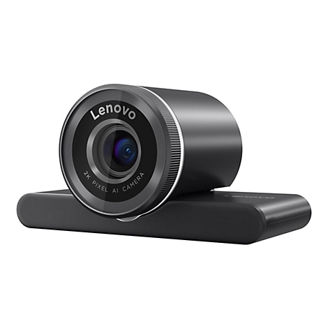 Eine schwarze Lenovo Webcam mit einem kreisförmigen Objektiv. Der Schriftzug "Lenovo" und "2K Pixel AI Camera" sind sichtbar.