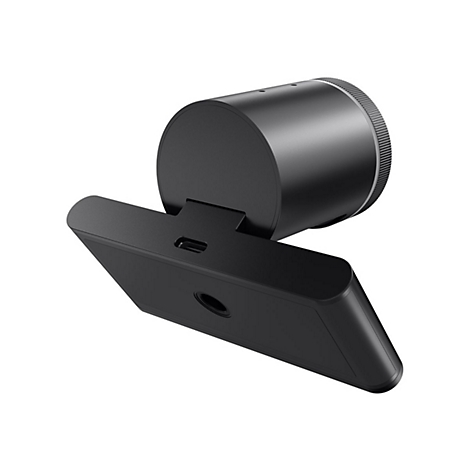 Schwarze Kamera mit rundem Korpus und rechteckigem Fuß. Details wie USB-C-Anschluss und Rillen am Kamerakopf.