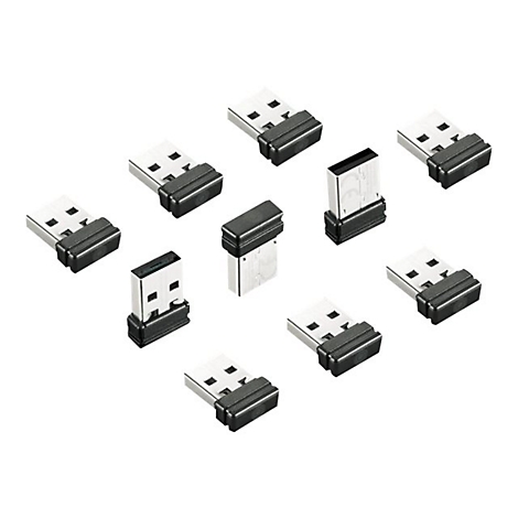 Mehrere USB-Dongle auf weißem Hintergrund, teilweise aufrecht.