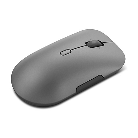 Souris d'ordinateur grise, de forme ergonomique. Avec molette de défilement et deux autres boutons, sur fond blanc.