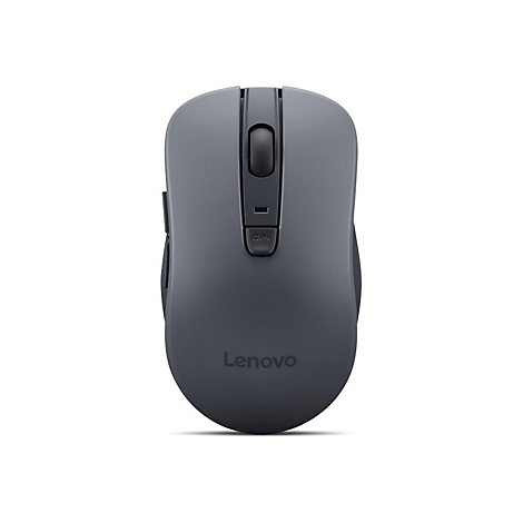 Dunkelgraue, symmetrische Lenovo Funkmaus in der Draufsicht auf weißem Hintergrund.