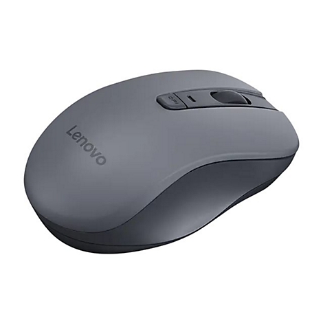 Graue Lenovo Funkmaus in perspektivischer Ansicht vor weißem Hintergrund.