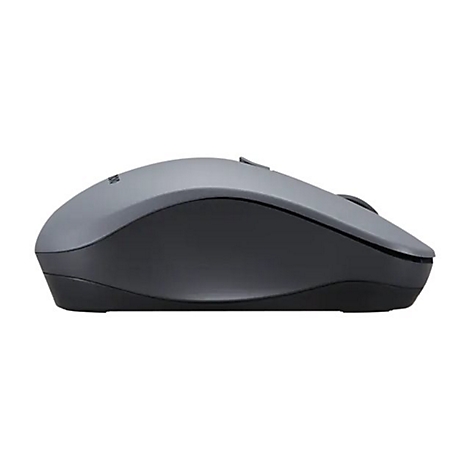 Graue, ergonomische Computermaus von Lenovo in Seitenansicht auf weißem Hintergrund.