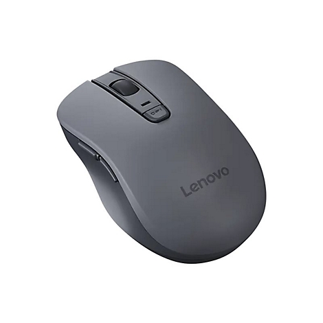 Dunkelgraue, ergonomische kabellose Lenovo Computermaus mit Scrollrad und DPI-Taste auf weißem Hintergrund.