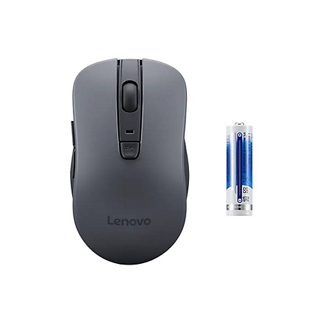 Dunkelgraue, kabellose Lenovo-Maus mit Mausrad und DPI-Taste, daneben eine einzelne AA-Batterie.