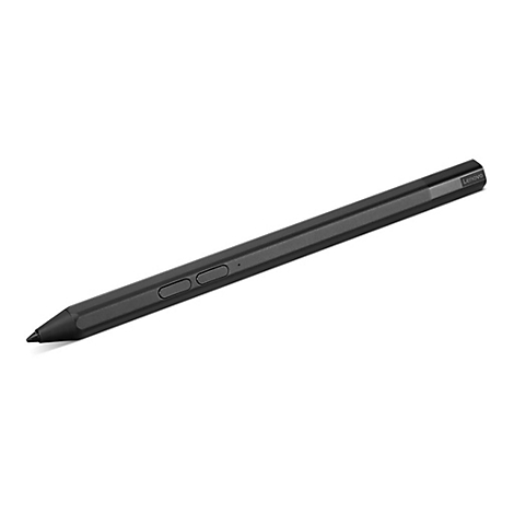 Stylo Lenovo noir. Le stylo a deux boutons, la pointe est inclinée et Lenovo est sur le côté.