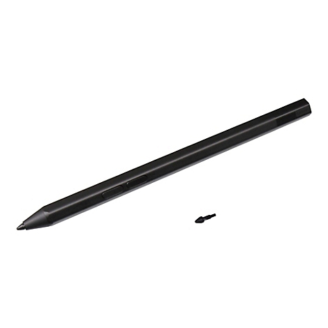 Un stylet noir avec deux boutons, à côté d'une pointe de rechange. Les deux objets sont sur fond blanc.