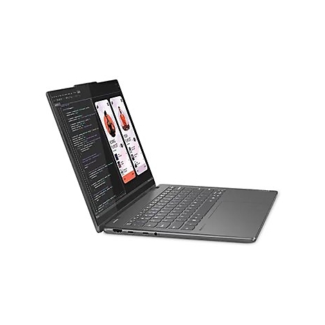 Dunkelgrauer Laptop in SchrÃ¤gansicht. Auf dem Bildschirm Code und zwei App-Screens mit Grafik. Auf weiÃŸem Grund.