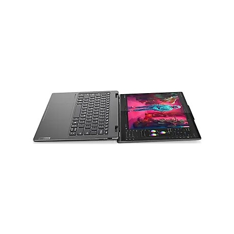 Ein offenes graues Laptop-Tablet mit einer Abbildung auf dem Bildschirm, vor weiÃŸem Hintergrund.