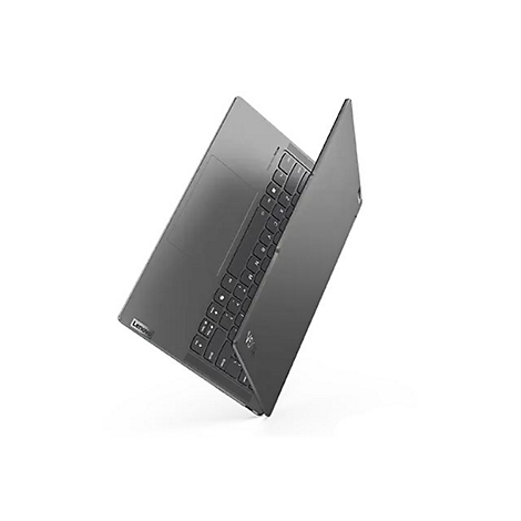 Grauer Laptop im Winkel, teilweise geÃ¶ffnet, auf weiÃŸem Hintergrund. Die Tastatur ist sichtbar.