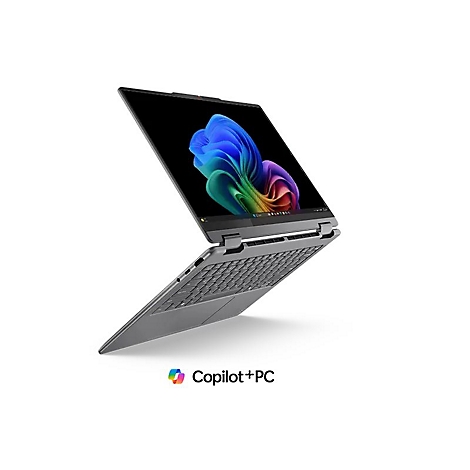 Ein graues Laptop-Convertible ist halb geöffnet. Auf dem Bildschirm ist ein farbenfrohes, abstraktes Muster zu sehen. Unten steht "Copilot + PC".