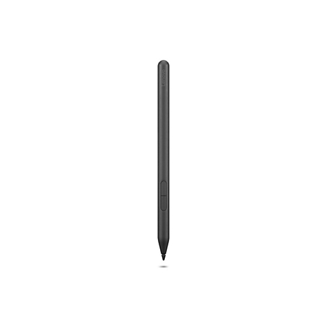 Grauer Lenovo-Stift auf weißem Hintergrund. Der Stift hat zwei Knöpfe und die Aufschrift „Lenovo“.