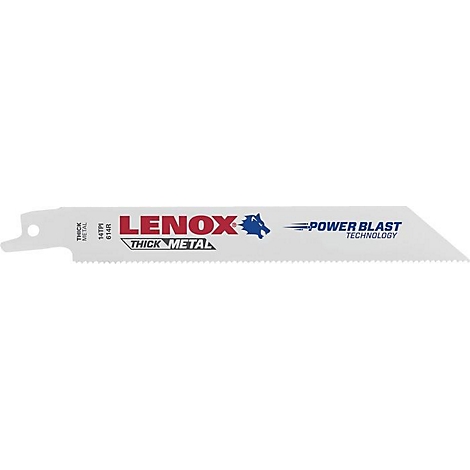 Lame de scie Lenox avec lettrage rouge. 'Thick Metal' et 'Power Blast Technology' sont écrits dessus.
