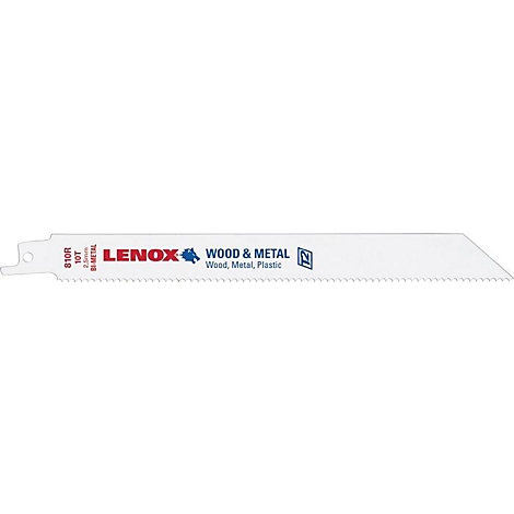 Lame de scie Lenox pour le bois et le métal. Lame blanche avec des dents, lettrage rouge, logos bleus.