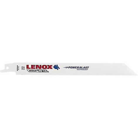 Lame de scie avec le logo "LENXOX", en rouge et symbole bleu foncé. Les mots "MEDIUM METAL" sont en dessous.