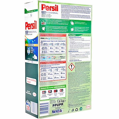 Boîte de détergent Persil, vue arrière. Le texte, les nuances de vert et de blanc dominent le design. Des avertissements et des instructions de dosage sont affichés.