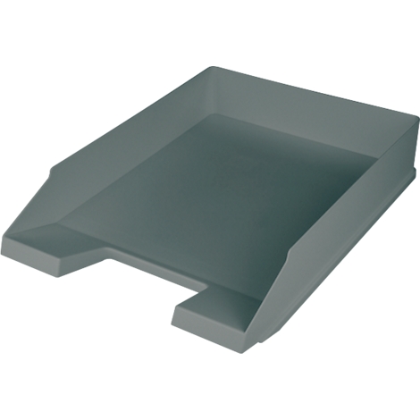 Gray, rectangular paper tray with slanted sides. A recess on the front.