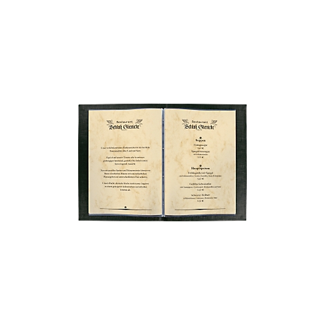 Open menu in a black frame. Appetizers are listed on the left and main courses on the right against a cream-colored background.