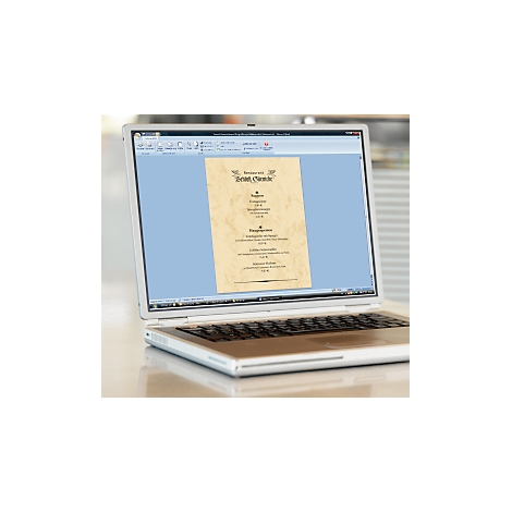 Laptop displaying a menu. Dishes are listed in dark text on cream-colored paper. Light blue desktop.