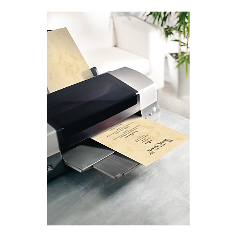 A printer is printing a document. A sofa and a plant in the background.
