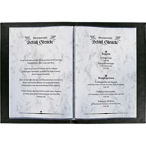 Opened menu of the restaurant Schloss Glienicke. Text on the left, dishes and prices on the right. Black border.