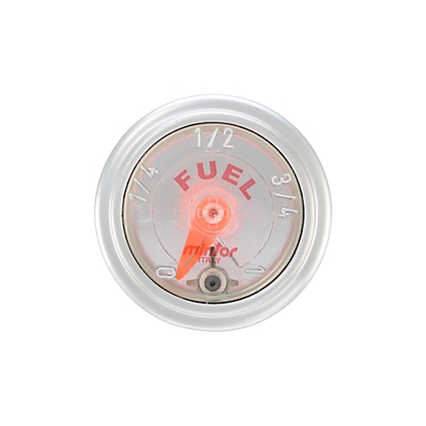 Fuel gauge with a red needle pointing to almost empty. Word FUEL is visible. The gauge is circular with a transparent plastic cover.