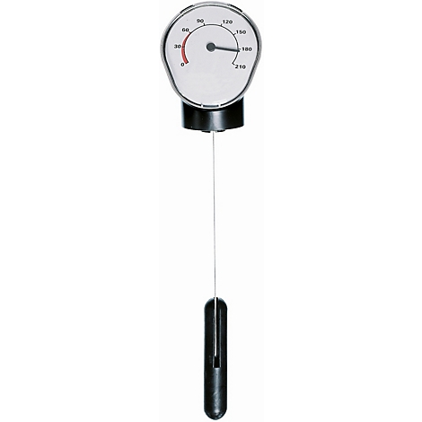 A thermometer with a round dial and needle. The black needle points to 180. At the bottom of the thermometer is a black rod.