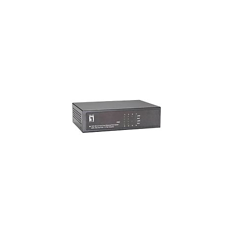 Ein schwarzer TRENDnet 4-Port Fast Ethernet PoE Switch vor weißem Hintergrund.