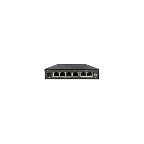 Schwarzer Netzwerk-Switch mit sechs RJ45-Anschlüssen vor weißem Hintergrund.