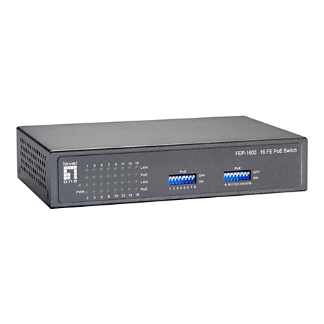 Schwarzer 16-Port PoE Netzwerk-Switch von LevelOne mit DIP-Schaltern auf der Vorderseite.