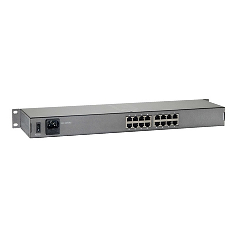 Grauer Netzwerk-Switch für Rack-Montage mit Stromanschluss und 16 nummerierten Ethernet-Ports.