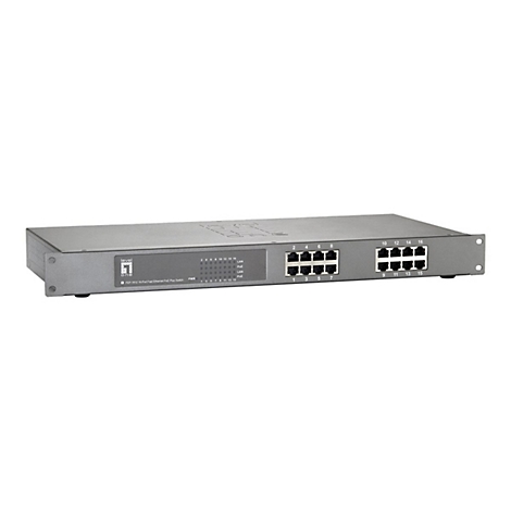 Grauer 19-Zoll LevelOne PoE-Switch mit 16 Ports vor weißem Hintergrund.