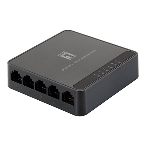 Schwarzer 5-Port Fast Ethernet Switch von LevelOne vor weißem Hintergrund.