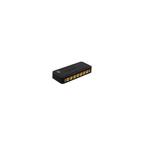 Schwarzer Netzwerk-Switch mit gelben Anschlüssen, seitlicher Blickwinkel, auf weißem Hintergrund.