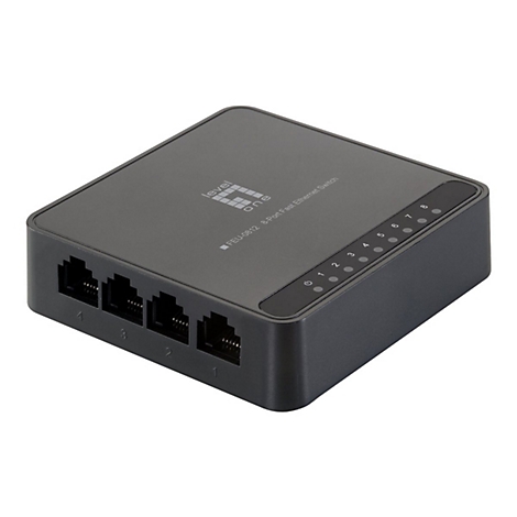 Grauer, quadratischer LevelOne 8-Port Fast Ethernet Switch mit vier vorderen LAN-Anschlüssen und Status-LEDs.