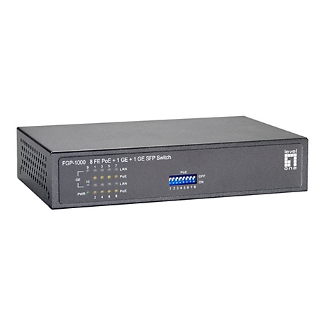 Schwarzer LevelOne FGP-1000 Netzwerk-Switch mit Status-LEDs und PoE-DIP-Schaltern auf weißem Hintergrund.